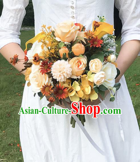 Handmade Wedding Bride Holding Emulational Classical Champagne Flowers Ball Hand Tied Bouquet Flowers for Women
