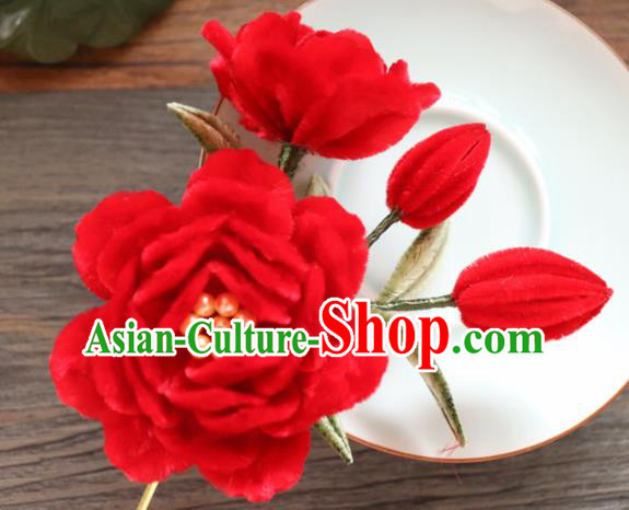 Chinese Handmade Red Velvet Peony Hairpins Ancient Palace Hair Accessories Headwear for Women
