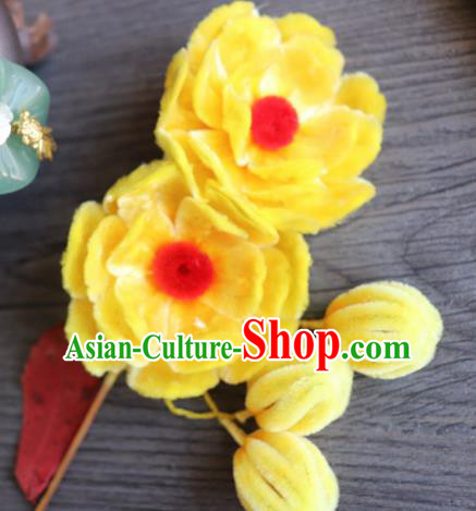 Chinese Handmade Yellow Velvet Flowers Hairpins Ancient Palace Queen Hair Accessories Headwear for Women