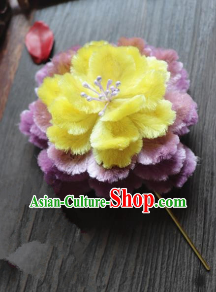 Chinese Handmade Yellow Velvet Peony Hairpins Ancient Palace Queen Hair Accessories Headwear for Women