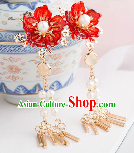 Chinese Handmade Red Flower Hairpins Ancient Princess Hair Accessories Headwear for Women