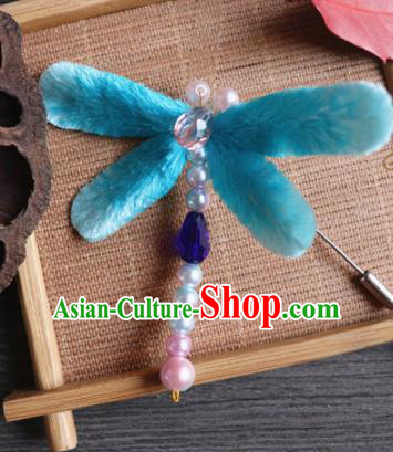Handmade Chinese Classical Blue Velvet Butterfly Brooch Ancient Palace Breastpin for Women