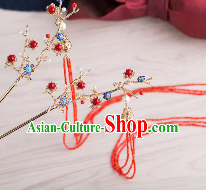Chinese Handmade Red Tassel Hairpins Ancient Princess Hair Accessories Headwear for Women