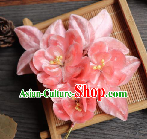 Chinese Handmade Wedding Pink Velvet Peach Flower Hairpins Ancient Palace Queen Hair Accessories Headwear for Women