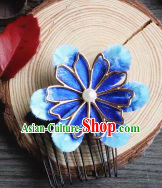Chinese Handmade Blue Velvet Hair Comb Ancient Palace Queen Hair Accessories Headwear for Women