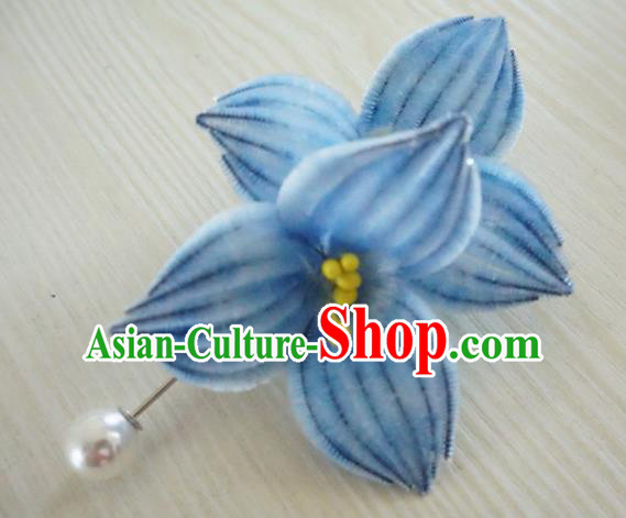 Chinese Handmade Blue Velvet Lotus Hairpins Ancient Palace Queen Hair Accessories Headwear for Women