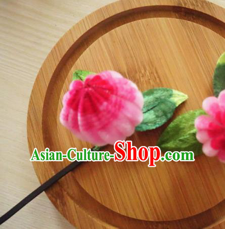 Chinese Handmade Rosy Velvet Chrysanthemum Hairpins Ancient Palace Queen Hair Accessories Headwear for Women