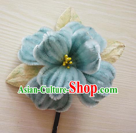 Chinese Handmade Palace Blue Camellia Velvet Hairpins Ancient Queen Hair Accessories Headwear for Women