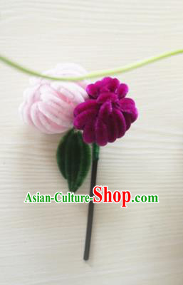 Chinese Handmade Palace Velvet Pink Chrysanthemum Hairpins Ancient Queen Hair Accessories Headwear for Women