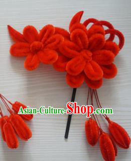 Chinese Handmade Palace Red Velvet Hairpins Ancient Queen Hair Accessories Headwear for Women