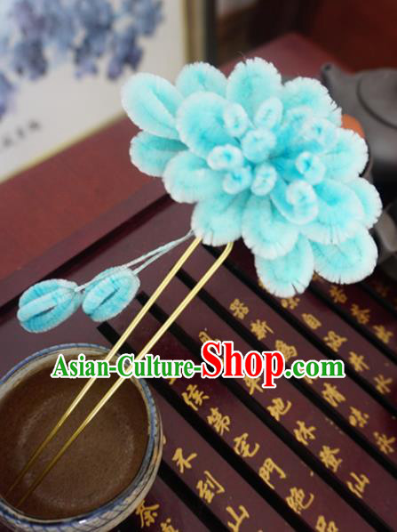Chinese Handmade Palace Blue Velvet Hairpins Ancient Queen Hair Accessories Headwear for Women