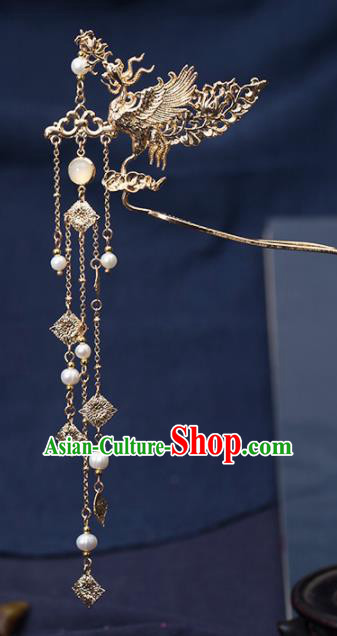 Chinese Handmade Hanfu Golden Crane Tassel Hairpins Ancient Princess Hair Accessories Headwear for Women