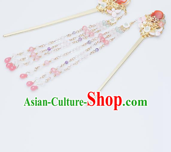 Chinese Handmade Hanfu Agate Tassel Hairpins Ancient Princess Hair Accessories Headwear for Women