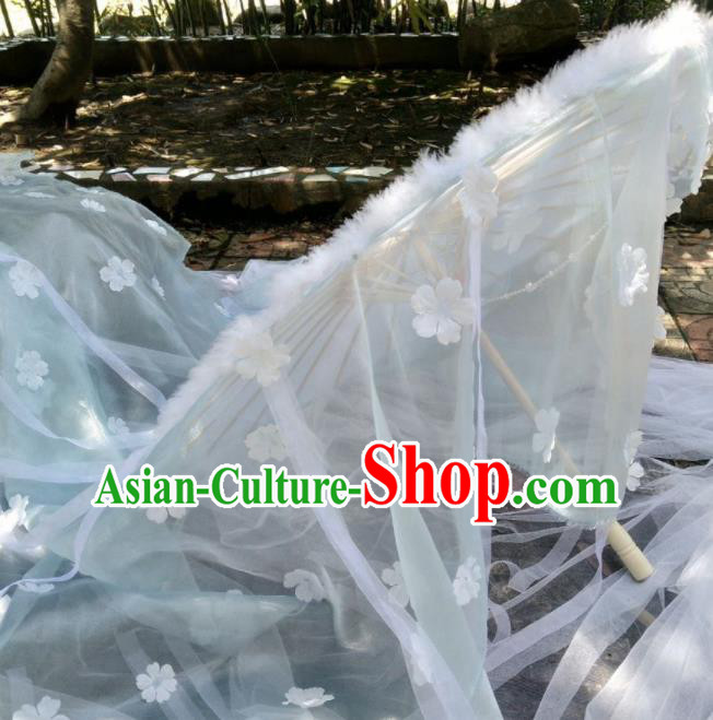 Chinese Traditional White Ribbon Tassel Umbrella Ancient Princess Umbrella for Women