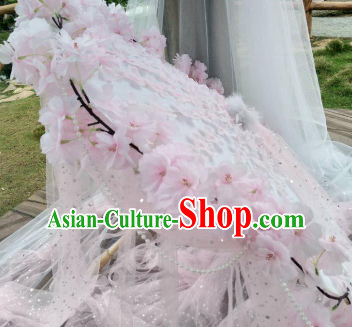 Chinese Traditional Pink Flowers Ribbon Tassel Umbrella Ancient Princess Umbrella for Women