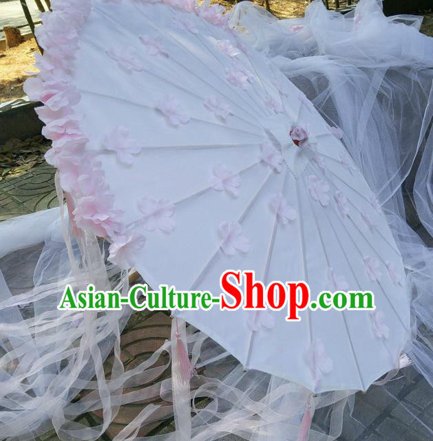 Chinese Traditional Pink Peach Blossom Ribbon Tassel Umbrella Ancient Princess Umbrella for Women