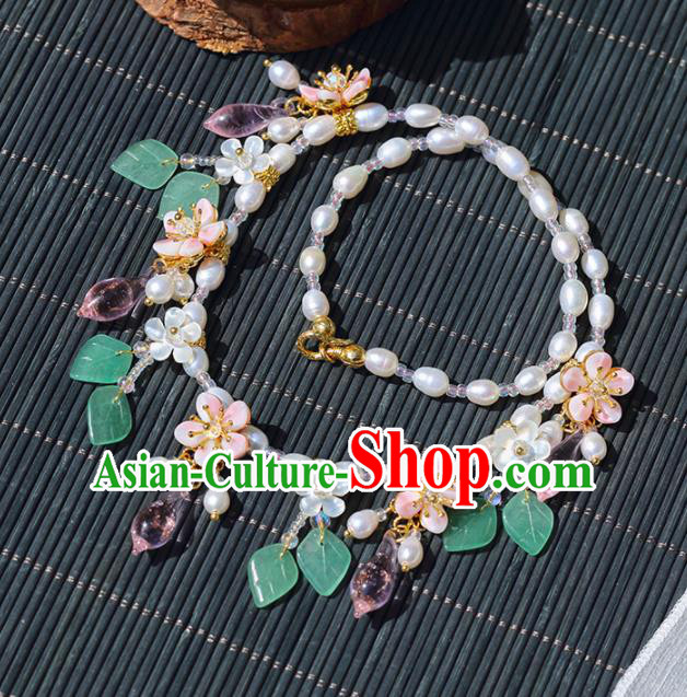 Handmade Chinese Classical Pearls Necklet Ancient Palace Hanfu Leaf Necklace Accessories for Women