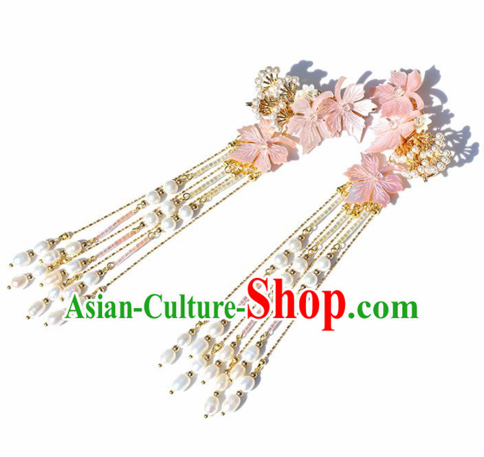 Chinese Handmade Hanfu Pink Shell Flowers Tassel Hairpins Ancient Princess Hair Accessories Headwear for Women