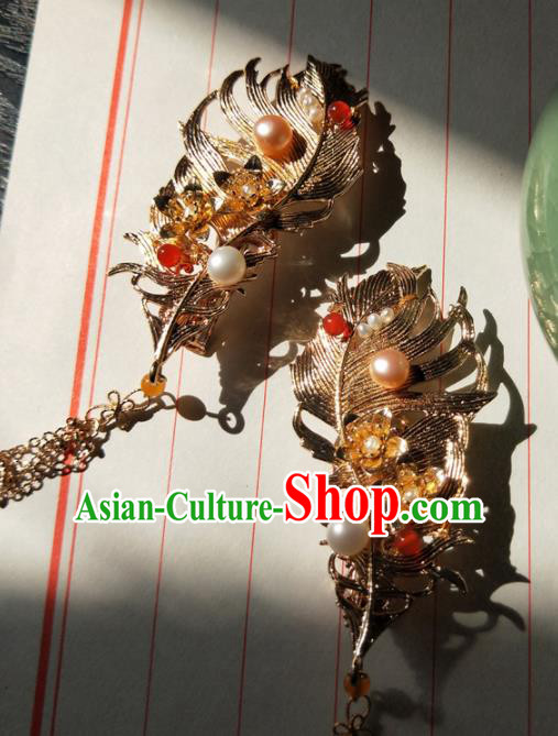 Chinese Handmade Hanfu Golden Feather Hair Claws Hairpins Ancient Palace Princess Hair Accessories Headwear for Women