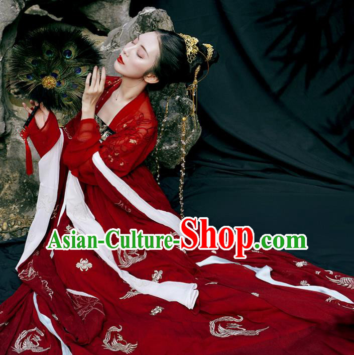 Chinese Traditional Tang Dynasty Princess Wedding Historical Costume Ancient Peri Embroidered Red Hanfu Dress for Women