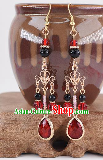 Handmade Chinese Classical Red Crystal Tassel Earrings Ancient Palace Hanfu Ear Accessories for Women