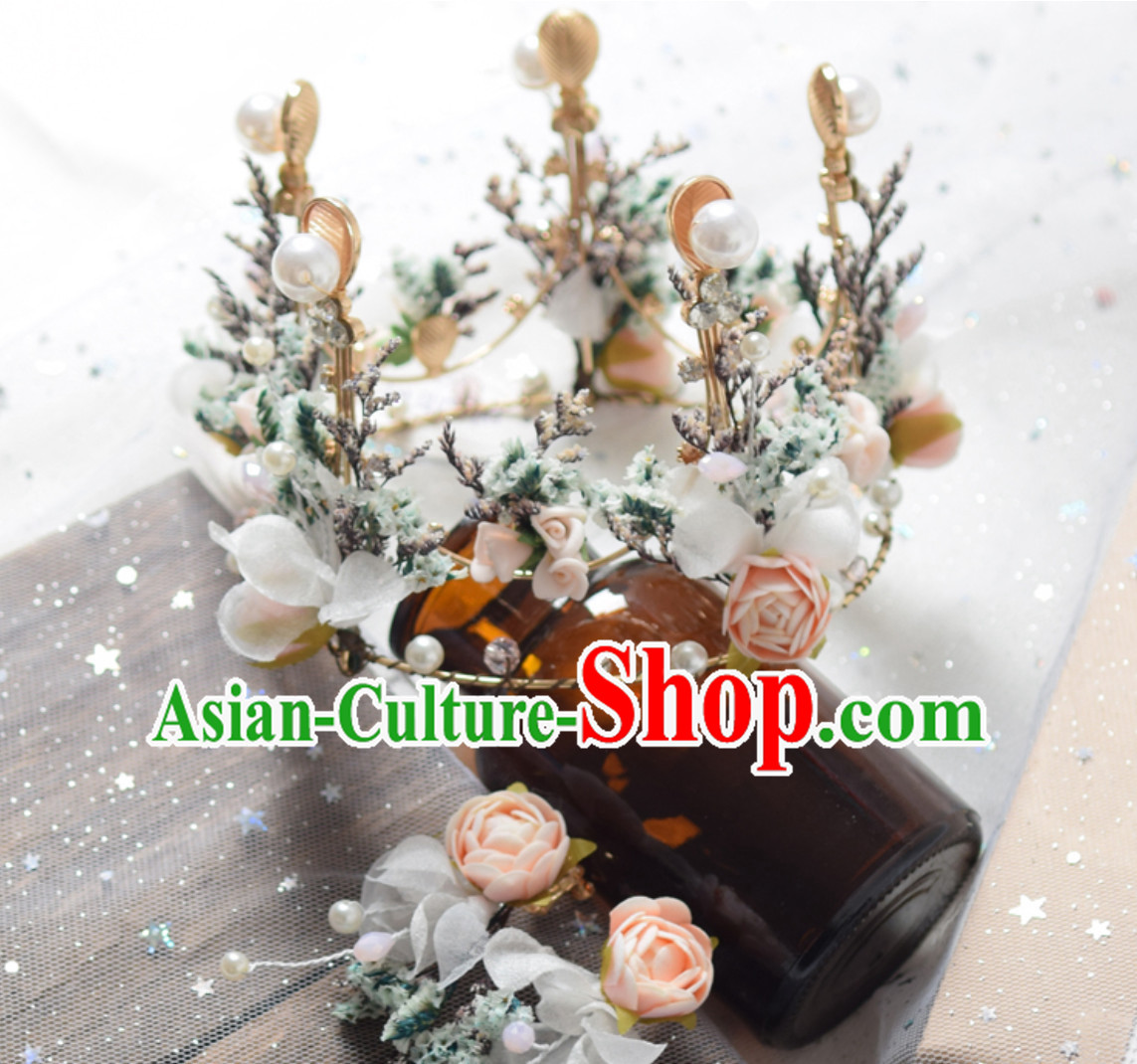 Romantic Handmade Flower Garland Hair Jewelries and Earrings Complete Set for Women