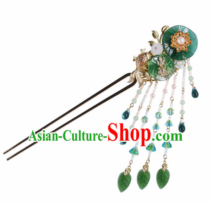 Chinese Handmade Palace Lotus Leaf Tassel Hairpins Ancient Princess Hanfu Hair Accessories Headwear for Women