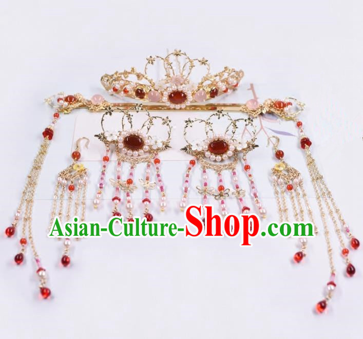 Chinese Handmade Palace Tassel Hairpins Rose Chalcedony Hair Crown Ancient Princess Hanfu Hair Accessories Headwear for Women