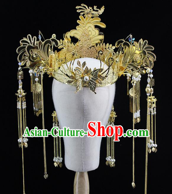 Chinese Handmade Palace Golden Phoenix Coronet Hairpins Ancient Princess Hanfu Hair Accessories Headwear for Women