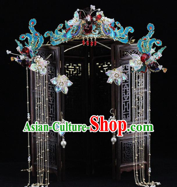 Chinese Handmade Palace Cloisonne Phoenix Coronet Hairpins Ancient Princess Hanfu Hair Accessories Headwear for Women