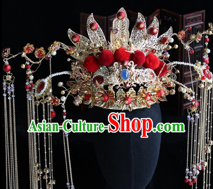 Chinese Handmade Palace Red Venonat Phoenix Coronet Hairpins Ancient Princess Hanfu Hair Accessories Headwear for Women