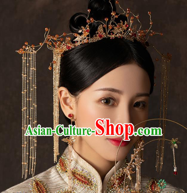 Chinese Handmade Palace Tassel Phoenix Coronet Hairpins Ancient Princess Hanfu Hair Accessories Headwear for Women
