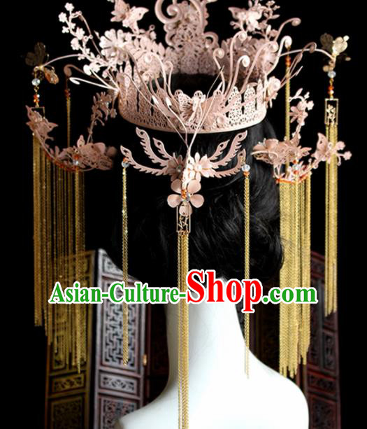 Chinese Handmade Palace Pink Phoenix Coronet Hairpins Ancient Princess Hanfu Hair Accessories Headwear for Women