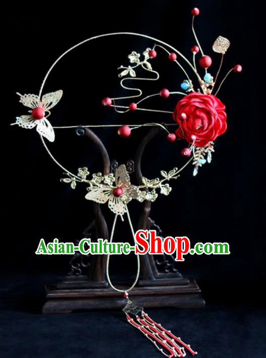 Chinese Traditional Wedding Red Rose Round Fans Ancient Bride Palace Fan for Women