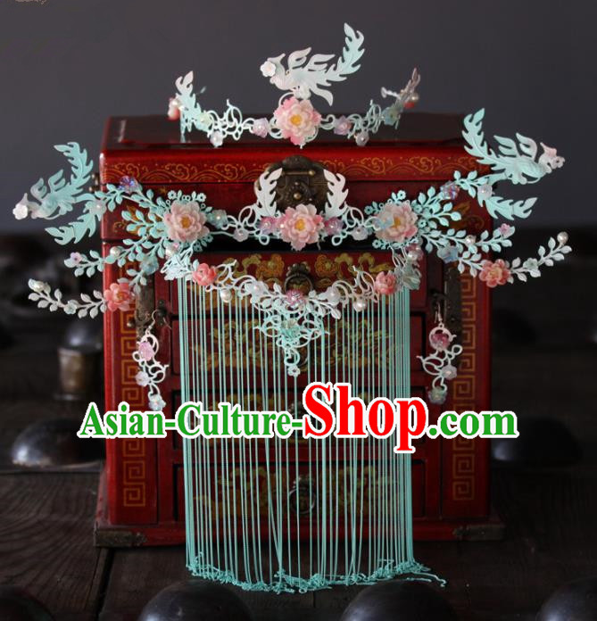 Chinese Handmade Palace Queen Blue Phoenix Coronet Hairpins Ancient Hair Accessories Headwear for Women