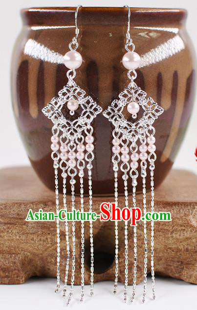Handmade Chinese Classical Pearls Tassel Earrings Ancient Palace Hanfu Ear Accessories for Women