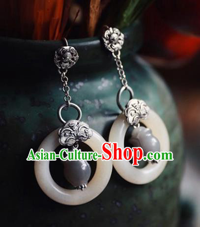 Handmade Chinese Classical Jade Ring Earrings Ancient Palace Hanfu Ear Accessories for Women