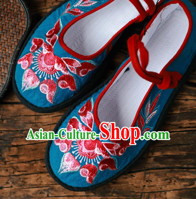 Chinese Handmade Embroidered Blue Cloth Shoes Traditional National Shoes Ancient Princess Hanfu Shoes for Women