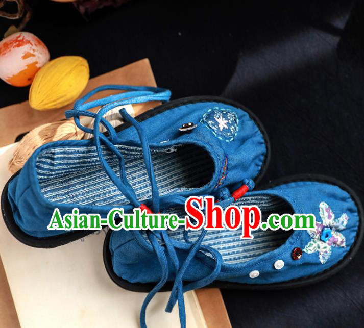 Chinese Handmade Blue Cloth Shoes Traditional National Shoes Ancient Princess Hanfu Shoes for Women