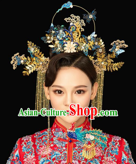 Chinese Handmade Palace Queen Cloisonne Butterfly Phoenix Coronet Hairpins Ancient Hair Accessories Headwear for Women