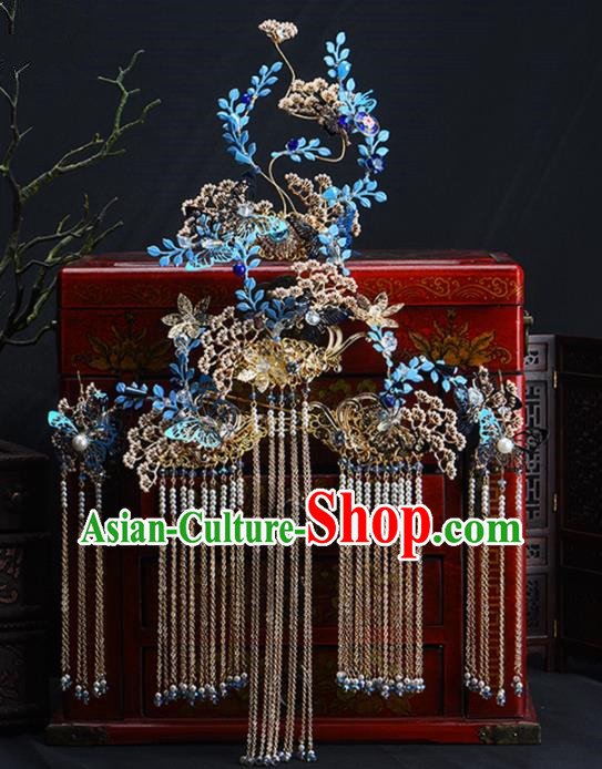 Chinese Handmade Palace Queen Cloisonne Leaf Phoenix Coronet Hairpins Ancient Hair Accessories Headwear for Women