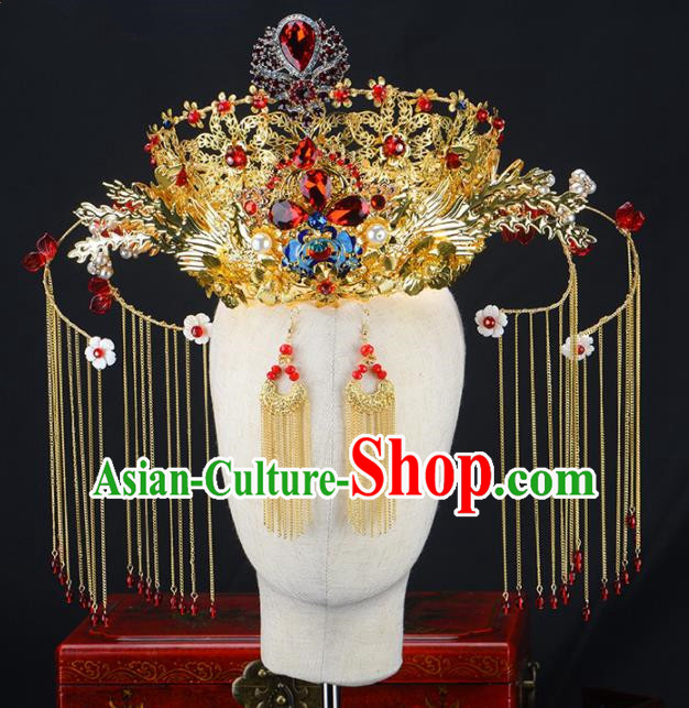 Chinese Handmade Palace Queen Red Crystal Phoenix Coronet Hairpins Ancient Hair Accessories Headwear for Women