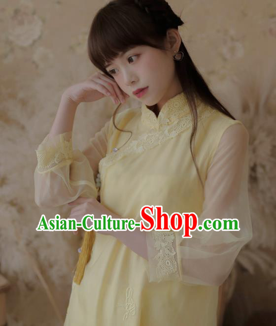 Chinese Classical National Yellow Veil Cheongsam Traditional Tang Suit Qipao Dress for Women