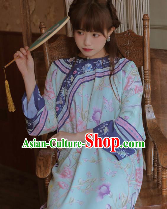 Chinese Classical National Printing Blue Cheongsam Traditional Tang Suit Qipao Dress for Women