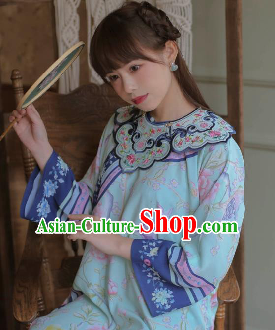 Chinese Classical National Printing Blue Cheongsam Traditional Tang Suit Qipao Dress for Women