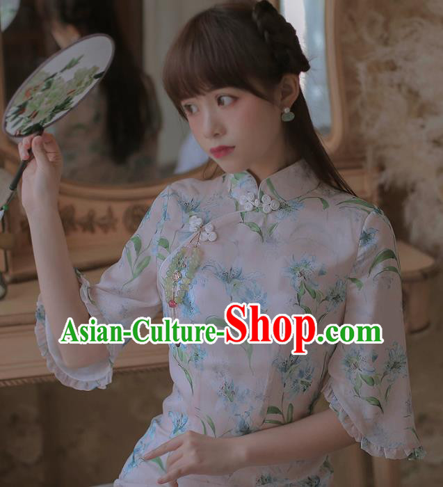 Chinese Classical National Printing White Cheongsam Traditional Tang Suit Qipao Dress for Women