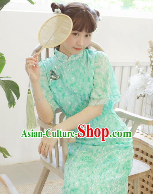 Chinese Classical National Green Veil Cheongsam Traditional Tang Suit Qipao Dress for Women