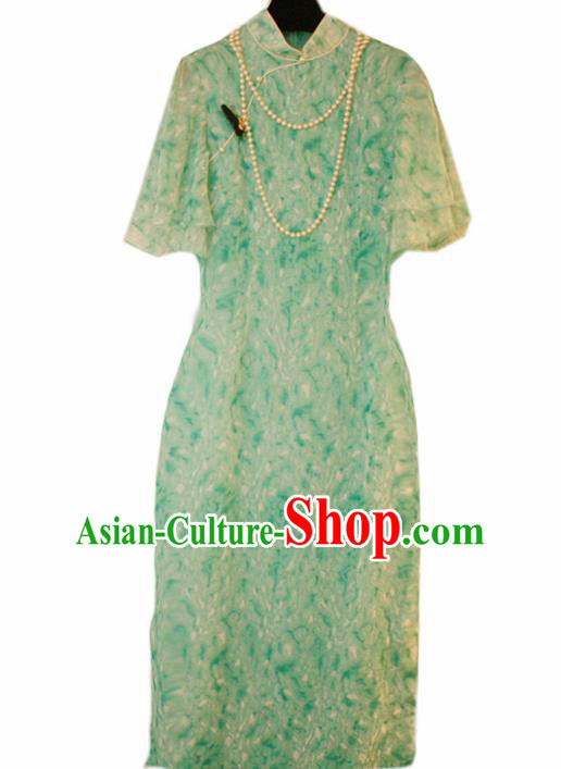 Chinese Classical National Green Veil Cheongsam Traditional Tang Suit Qipao Dress for Women