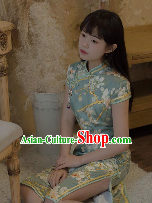Chinese National Printing Mangnolia Green Cheongsam Traditional Classical Tang Suit Qipao Dress for Women