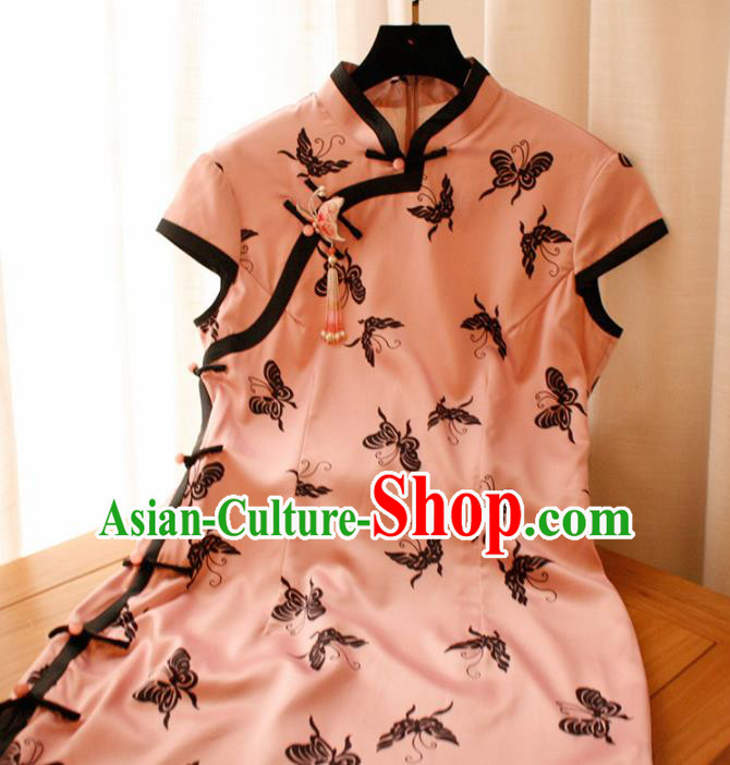 Chinese National Printing Butterfly Pink Cheongsam Traditional Classical Tang Suit Qipao Dress for Women